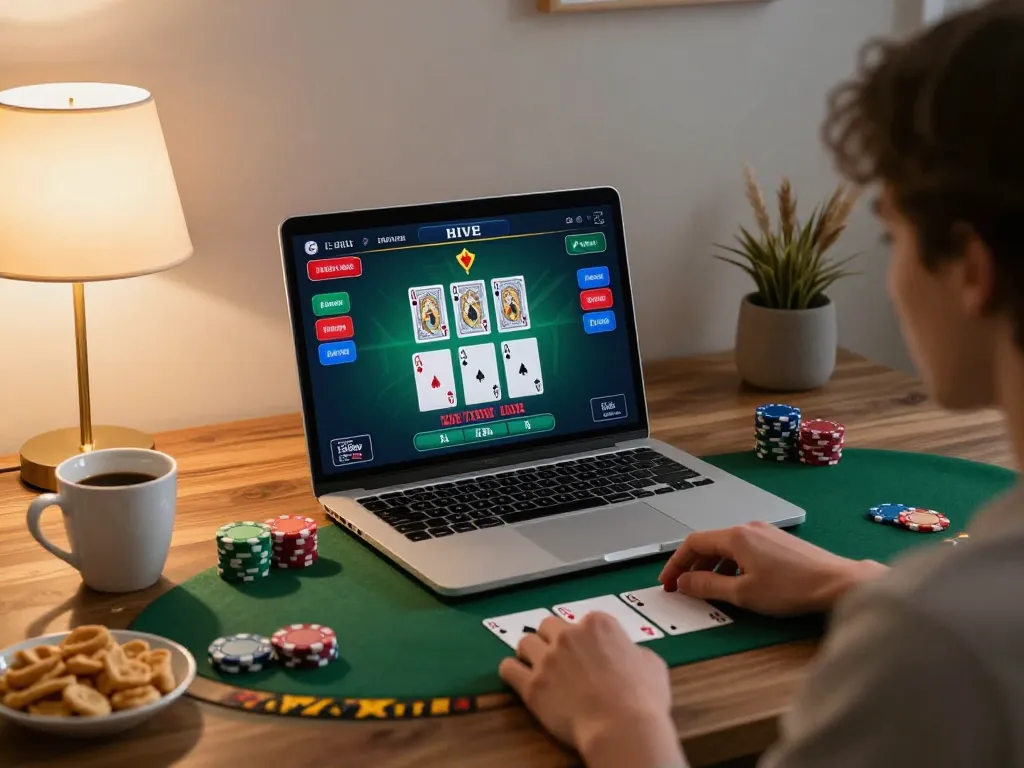 Enjoying live dealer blackjack on ALO8 COM in a cozy home setup, strategic gameplay with snacks nearby.