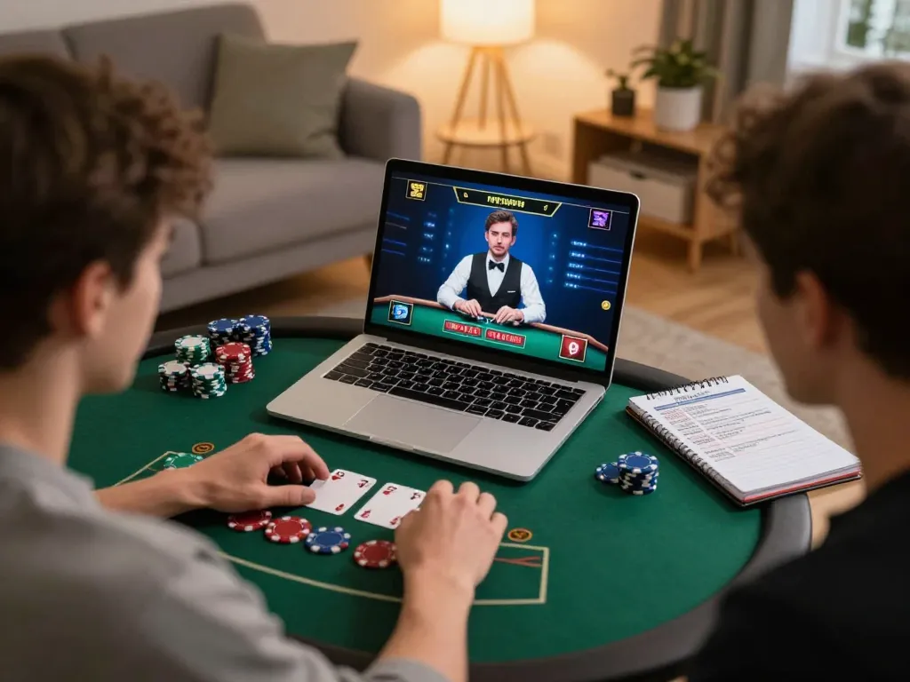 Player engaging in live blackjack on 88bet at home with cozy setup and strategic notes nearby