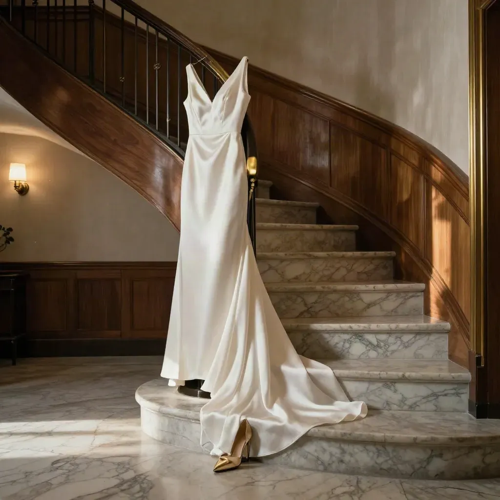 Vestido maxi de satén marfil junto a una escalera de mármol, con un tacón dorado