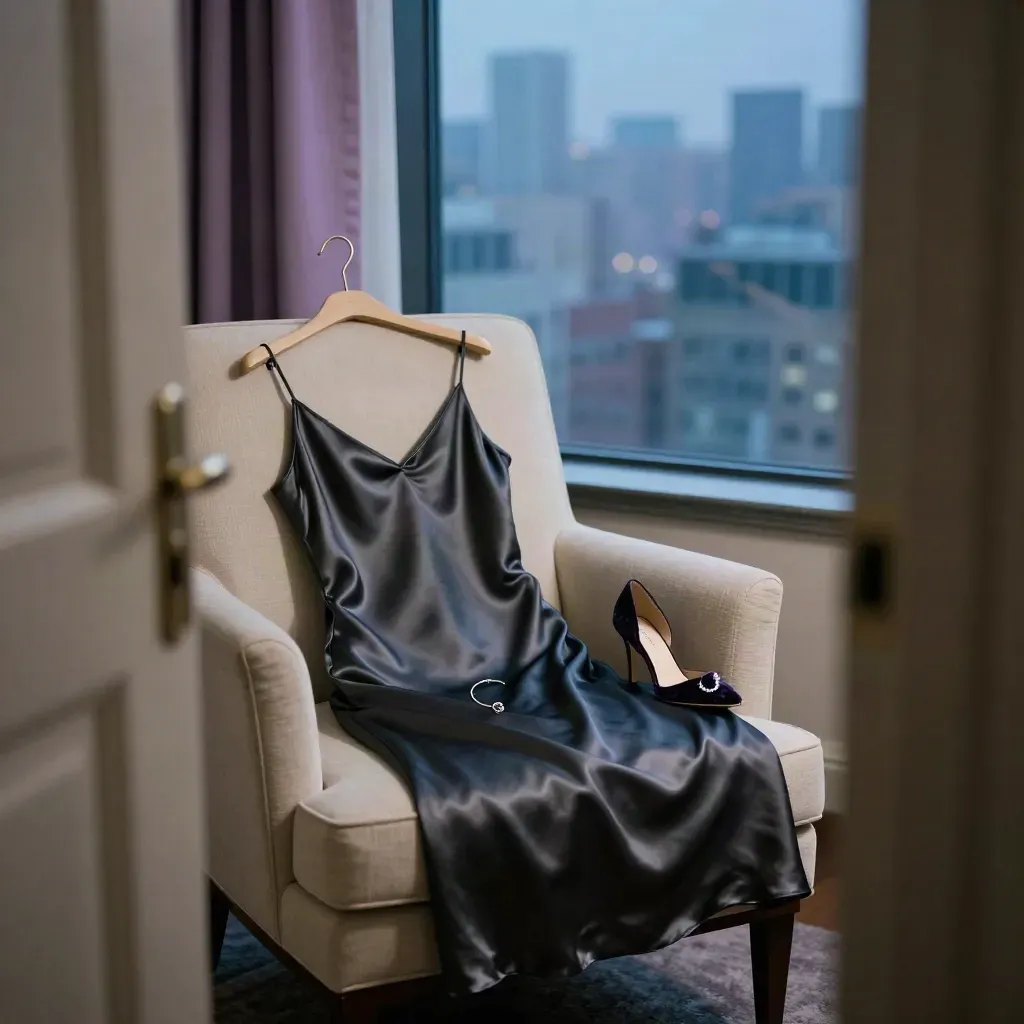 Vestido de satén antracita en butaca de hotel, joyas de plata y tacón de terciopelo junto a la ventana
