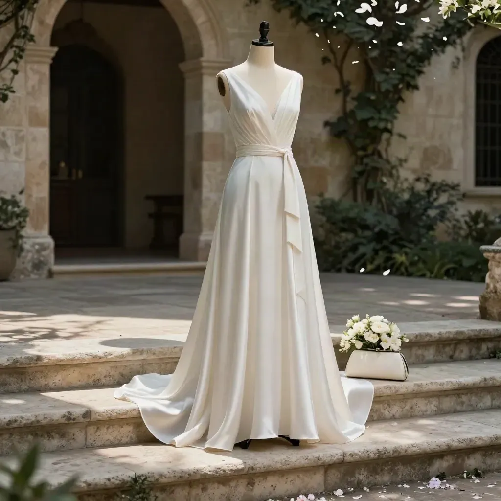 Vestido midi marfil en un escalón de piedra con ramo y clutch, en un patio con arco.
