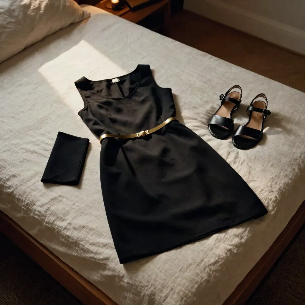 Vestido mini negro con sandalias y cinturón sobre cama de lino, en luz cálida de tarde.