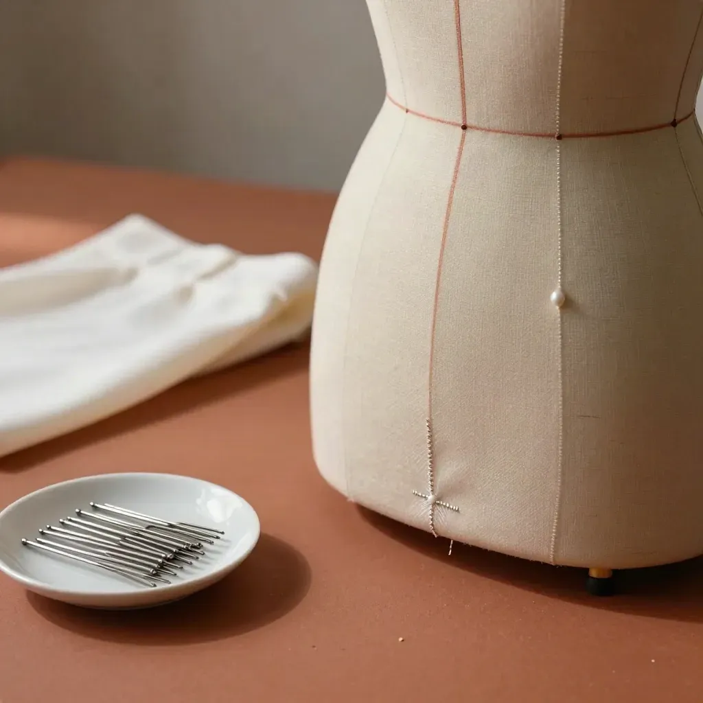 Maniquí nude con líneas de medida, falda doblada y alfileres en un estudio cálido.
