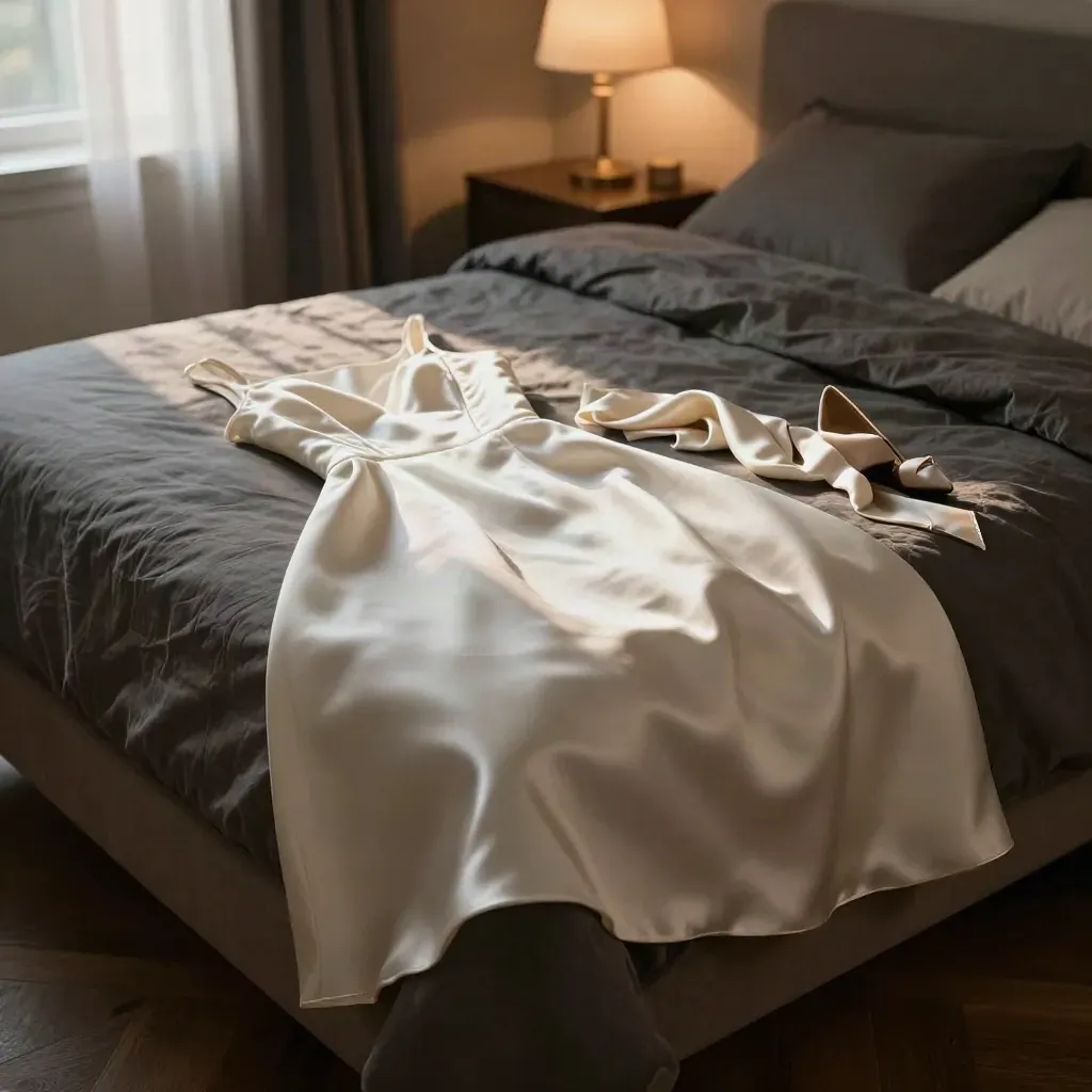 Vestido satinado perla sobre una cama hecha, con pañuelo de seda y un tacón al borde.