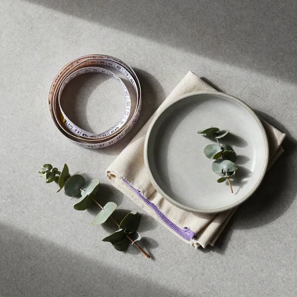 Cinta métrica, muestra de algodón, plato de cerámica y rama de eucalipto sobre piedra clara.