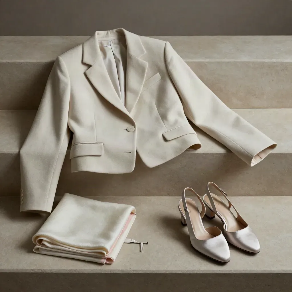 Blazer crema, pashmina doblada y zapatos slingback junto a una tira de vestido.