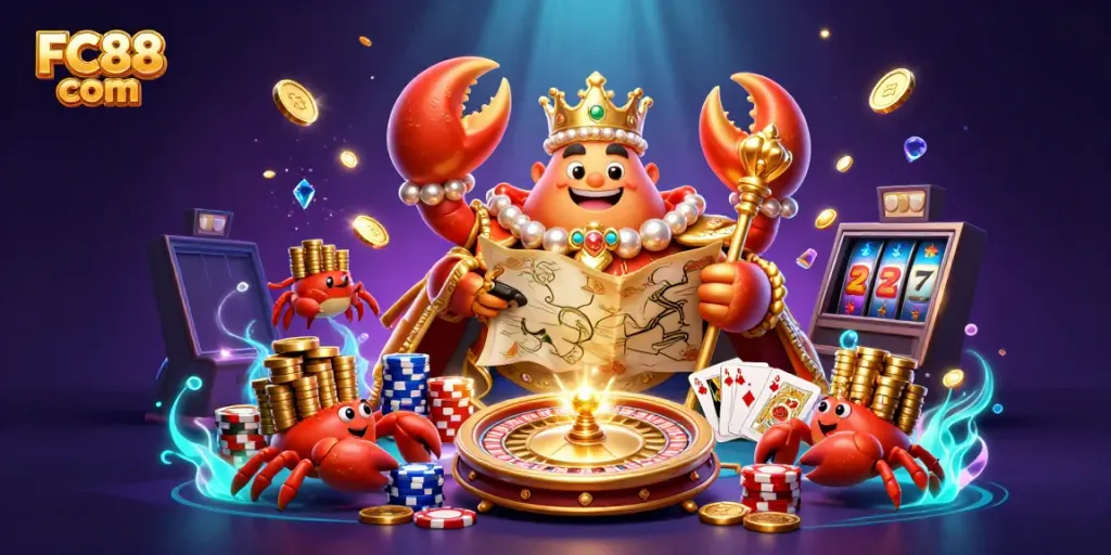 Experience luxury gaming with FC88 com, featuring a golden crab emperor and vibrant casino elements.