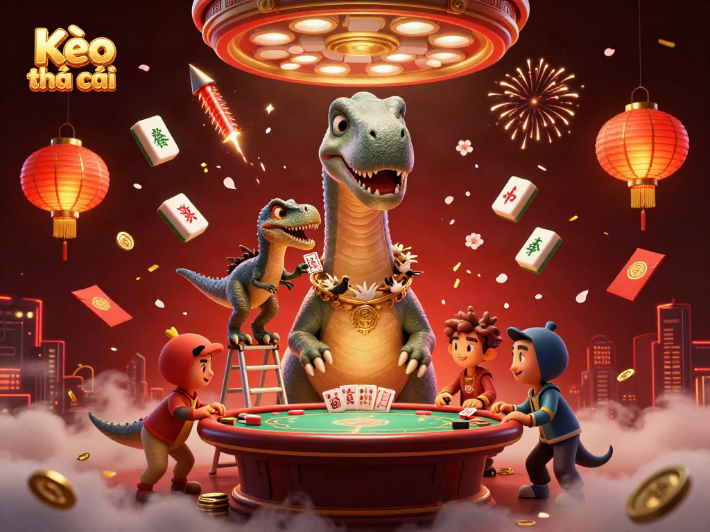 Kèo nhà cái showcases a vibrant 3D scene with a giant brontosaurus overseeing a poker game as a raptor deals cards.