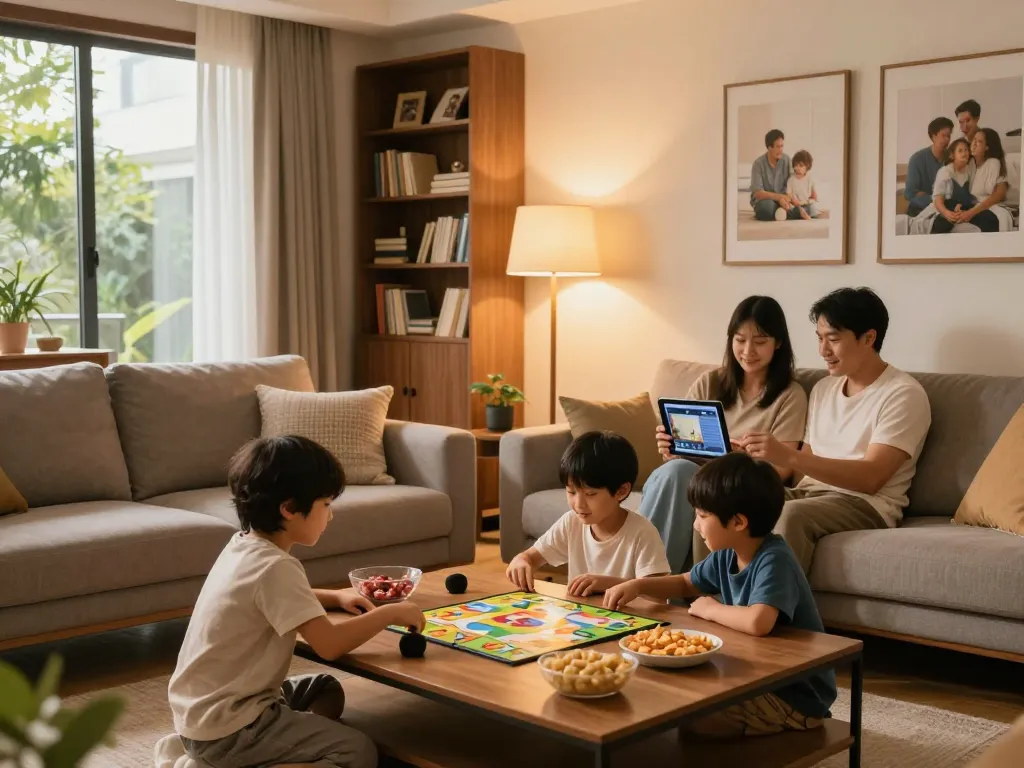 Familia disfrutando de servicios hogar en una sala de estar acogedora