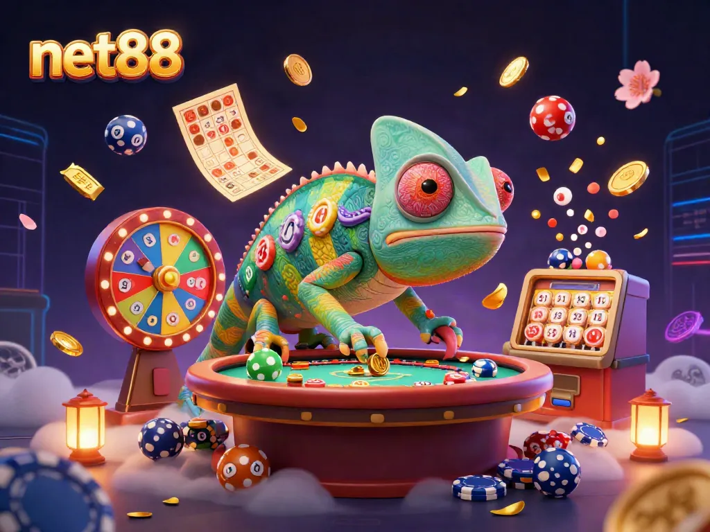 Engage with net88's dynamic casino atmosphere featuring colorful elements and a captivating chameleon.