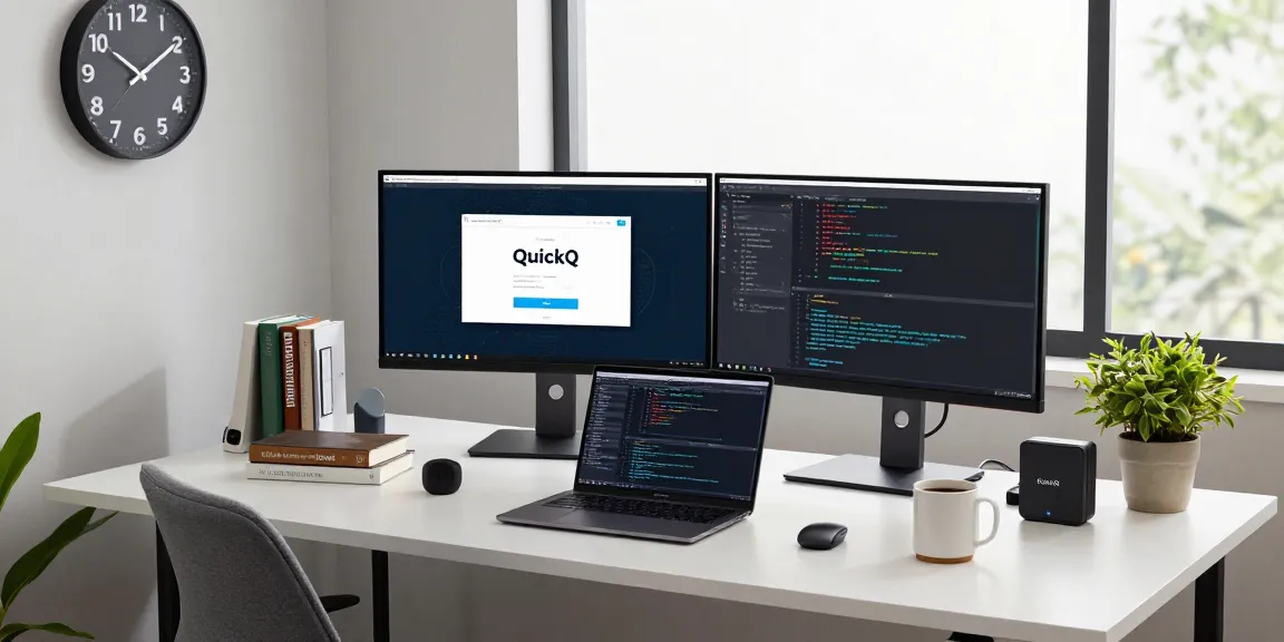 使用quickq电脑版的现代工作区，开发者专注编程，电脑显示VPN应用界面，优雅高效的办公室气氛。