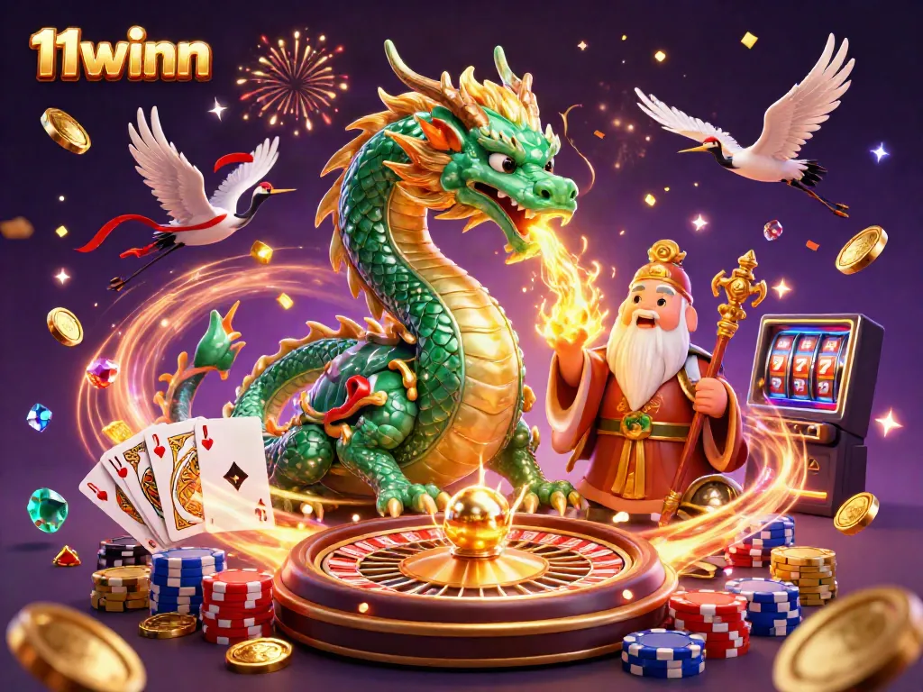 Engage in thrilling gameplay at 11winn, a vibrant online casino featuring a majestic dragon amid cascading coins.