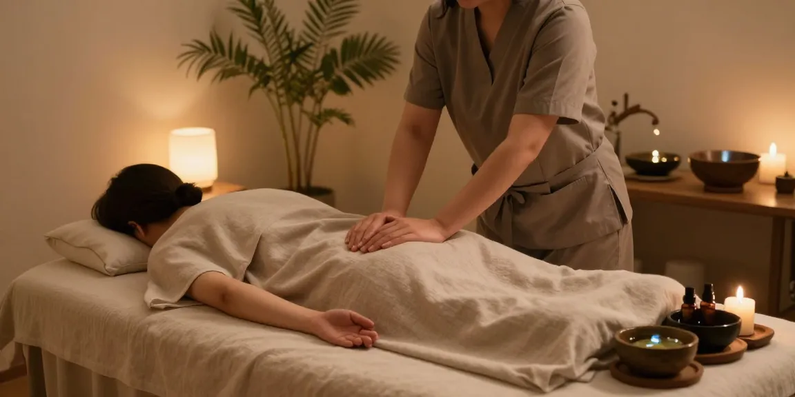 Massage therapist providing 부평출장마사지 in calm therapy room with soft lighting and relaxing ambiance.