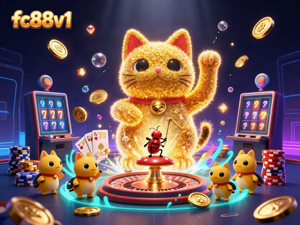 Experience the excitement of fc88v1 with a dynamic 3D illustration of a lucky cat and casino symbols.