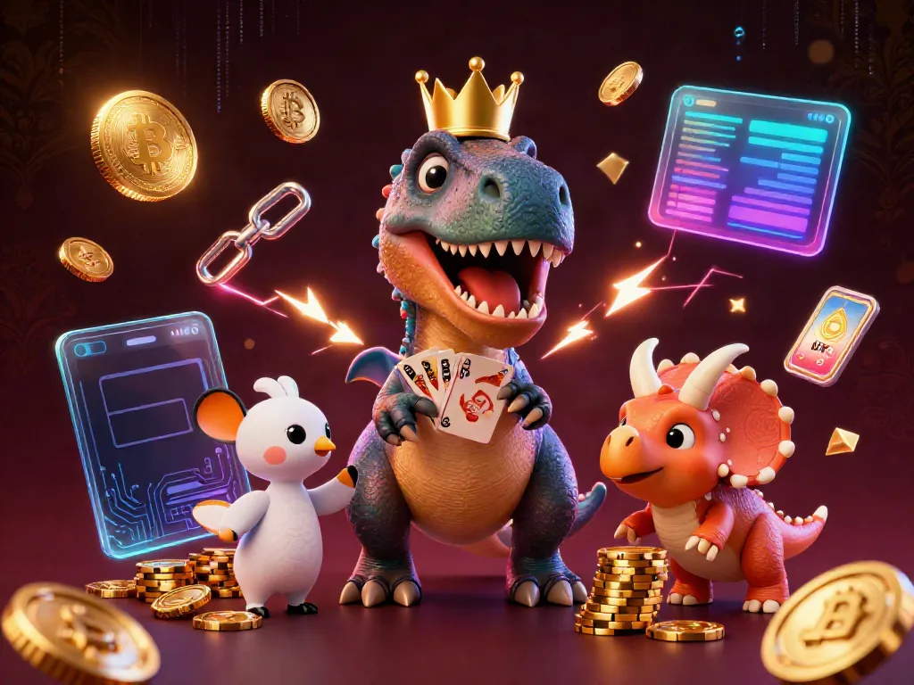 Experience thrilling casino action with sun-themed characters like a card-shuffling T-Rex and charming assistants.