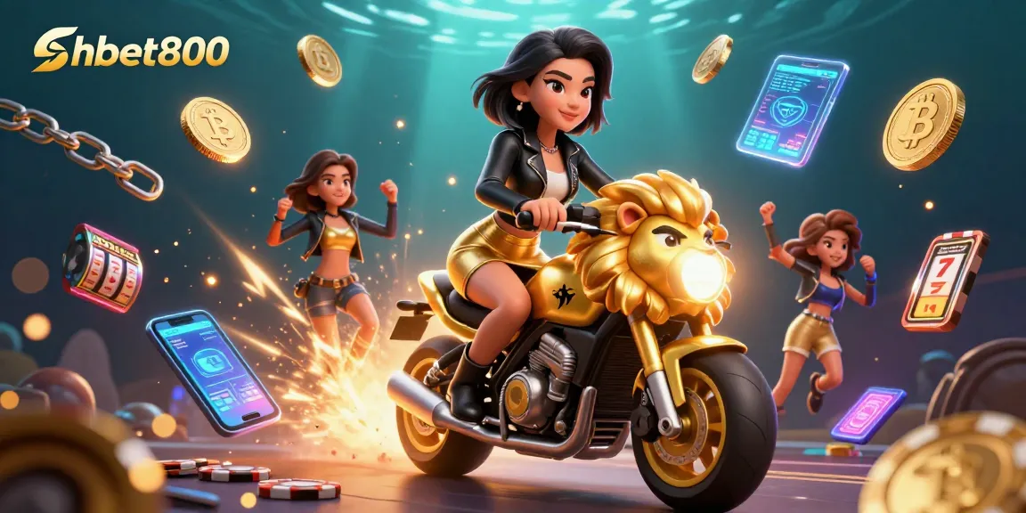 Immerse in shbet800's casino adventure with a glamorous Asian woman on a golden lion amidst vibrant game elements.