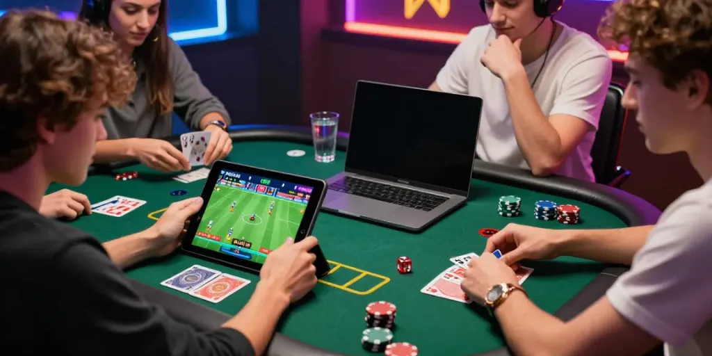 Friends engaged in online gambling activities at KU88 in a vibrant, lively setting.