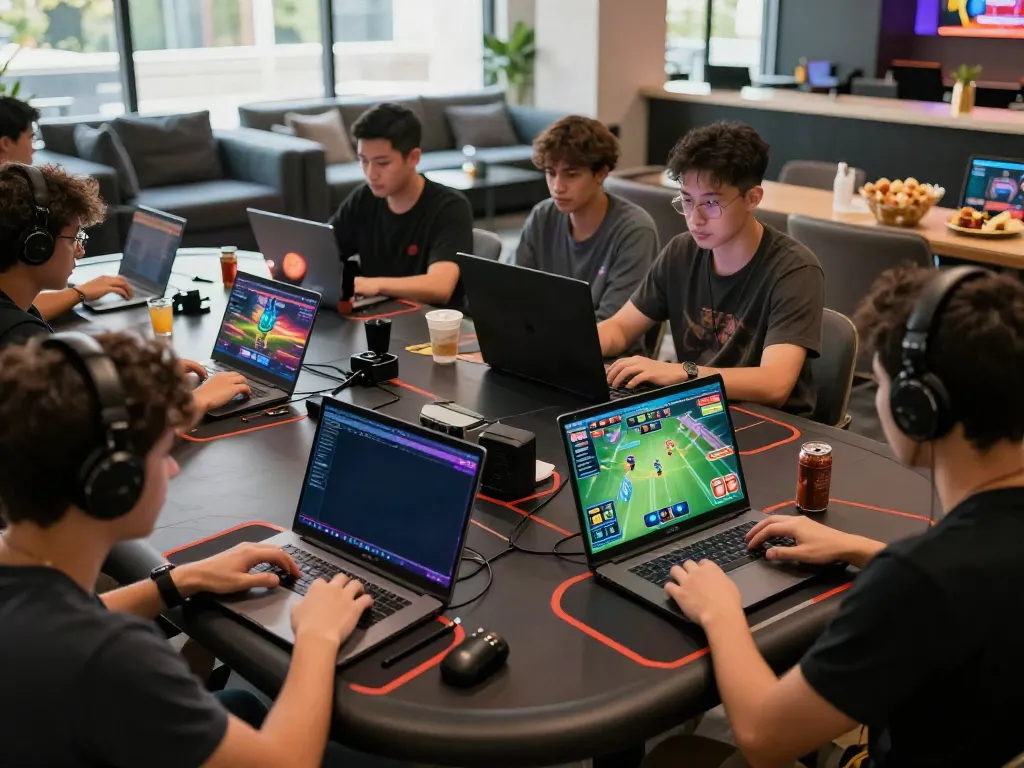 Online gaming experience at https://nbet.group/ with diverse players immersed in betting, showcasing vibrant screens and a welcoming lounge.