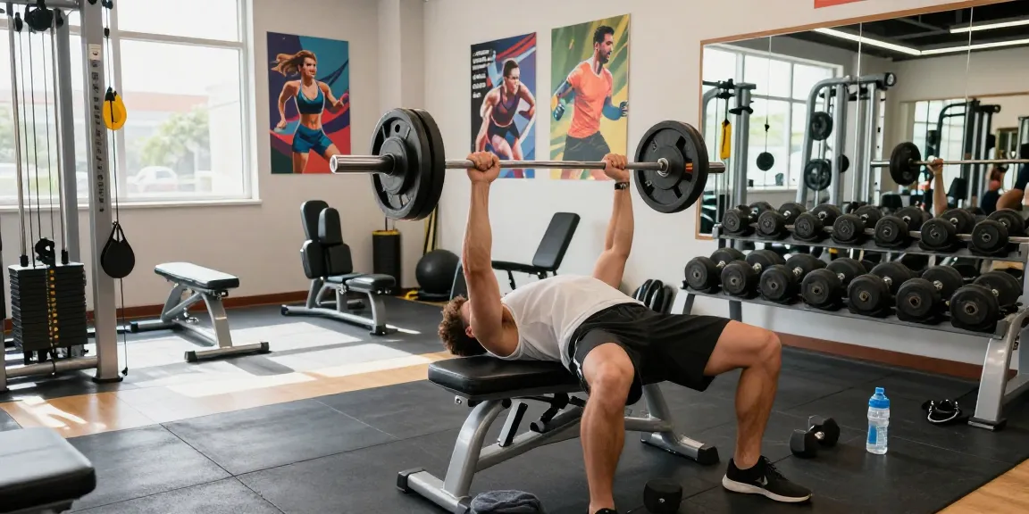 Entrenador levantando pesas en Esteroidesshop, ambiente energético con equipo de gimnasio.