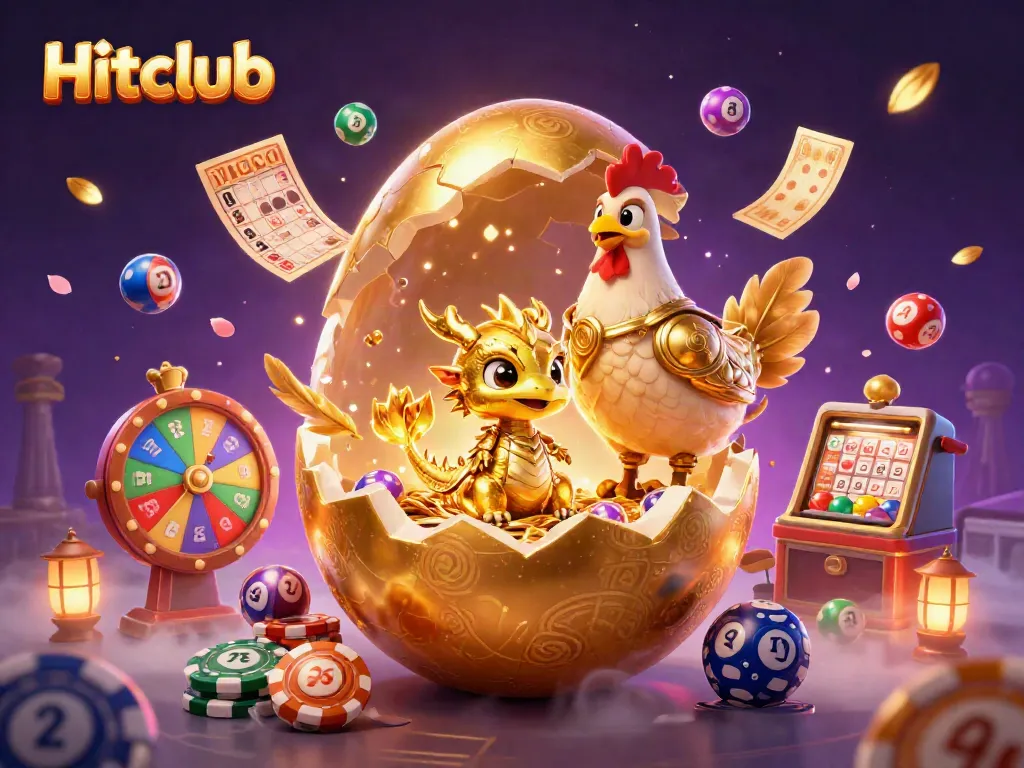 Hitclub features a dragon made of crystallized gold amidst vibrant gambling symbols in a dynamic casino-themed scene.