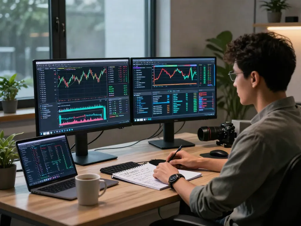 Plataforma Phuwerte Inwersowia mostrando gráficos de criptomonedas y métricas de IA en un ambiente de trabajo moderno.