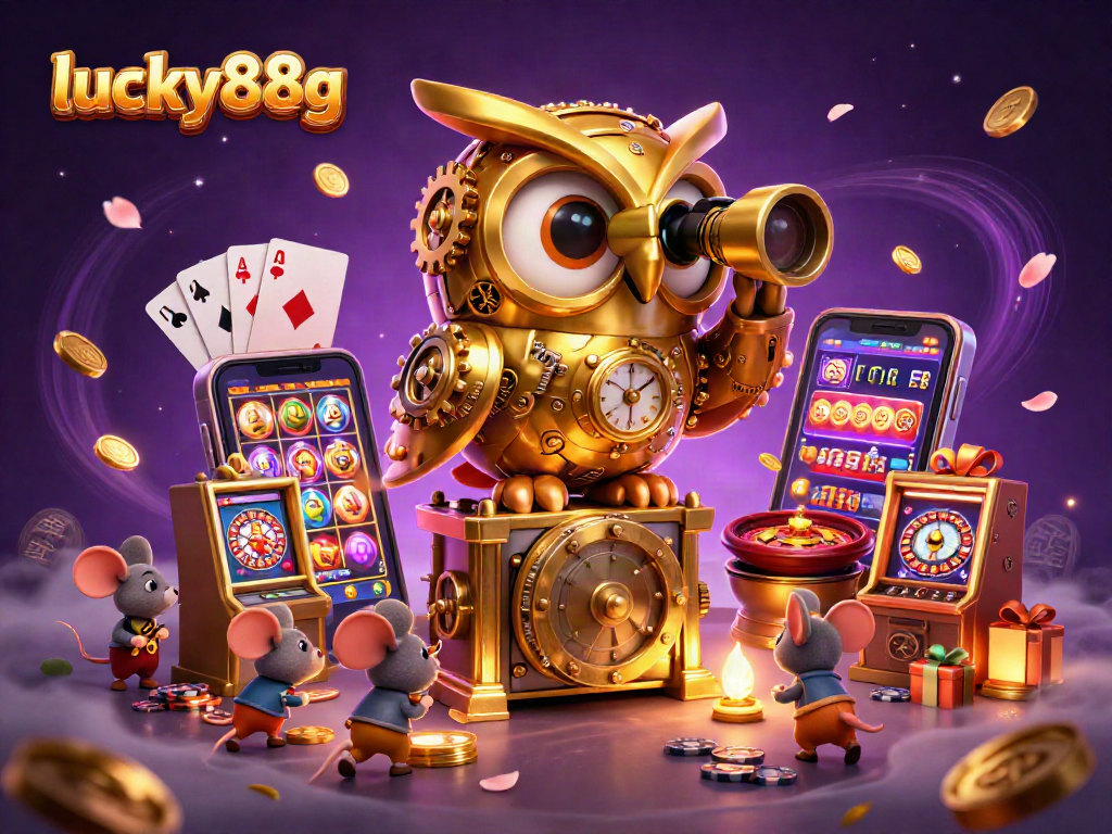 Experience the excitement at lucky88g with a clockwork owl and playful mice in a vibrant casino.