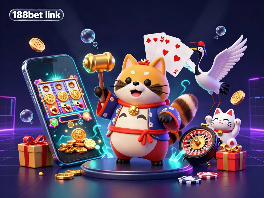Engage with 188bet link in a vibrant 3D casino scene featuring cheerful characters and dynamic gaming elements.