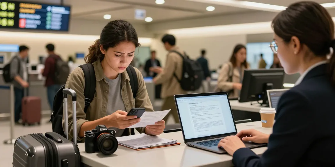Valken Legal asesorando a un viajero en el mostrador de check-in de un aeropuerto.