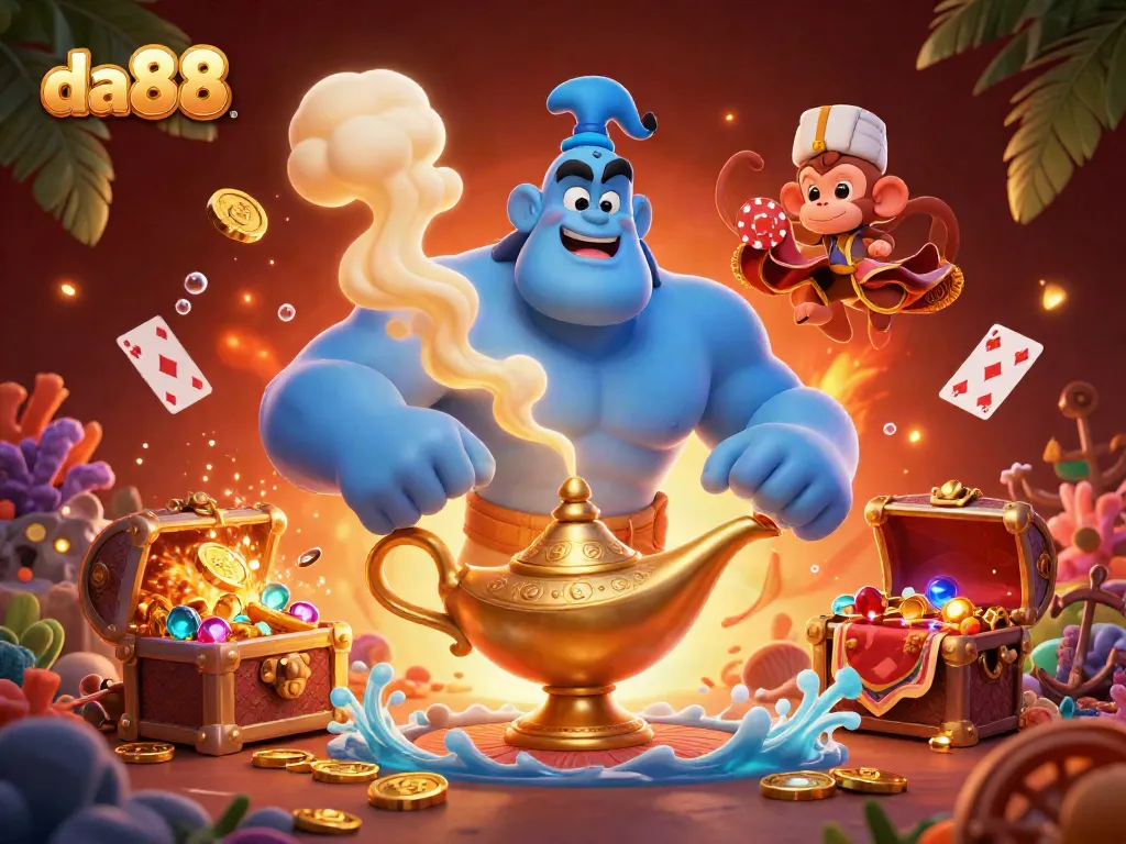 Bet on the thrilling experience at da88 with a magical scene featuring a genie and poker chips.