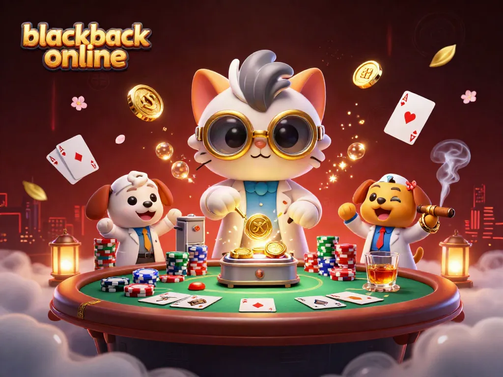 Juega blackjack online en un casino vibrante con un gato científico y un perro asistente creando diversión.