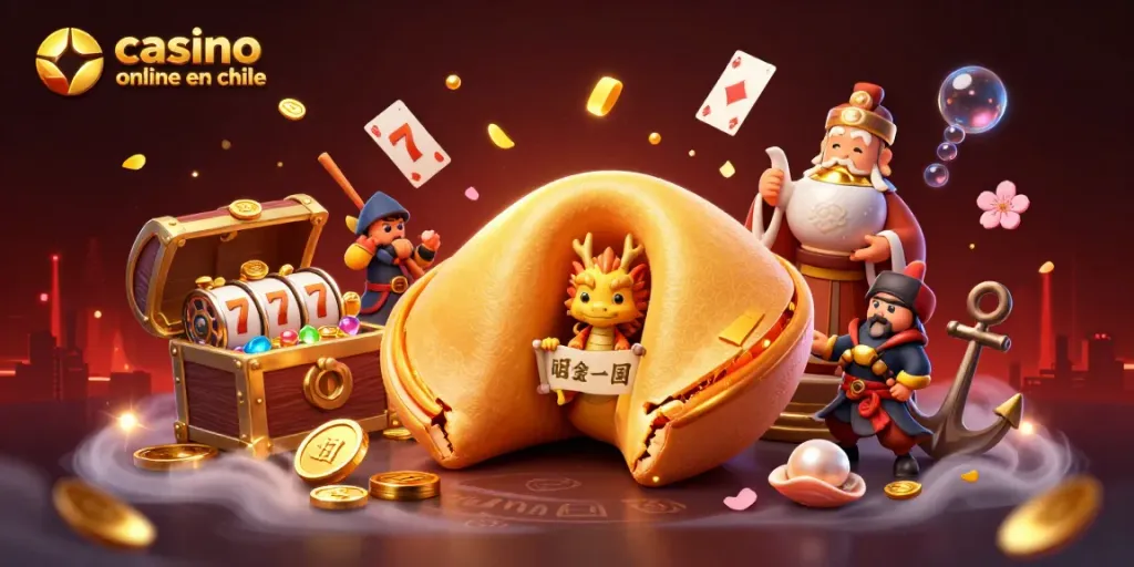Una emocionante representación de casino online en Chile con un pastel de fortuna y dragones mágicos rodeado de fichas y juegos.