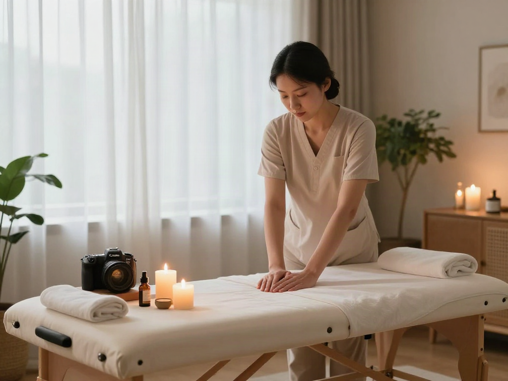 신림동출장안마 services in a serene home massage setup with candles and oils.
