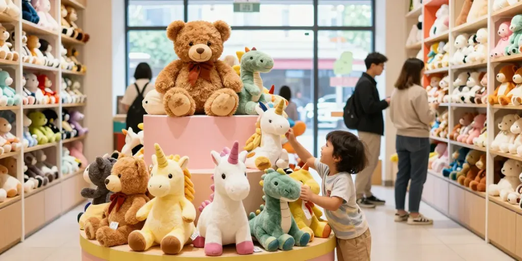 Experiencia de compra en una tienda de peluches, niño eligiendo un peluche adorable.