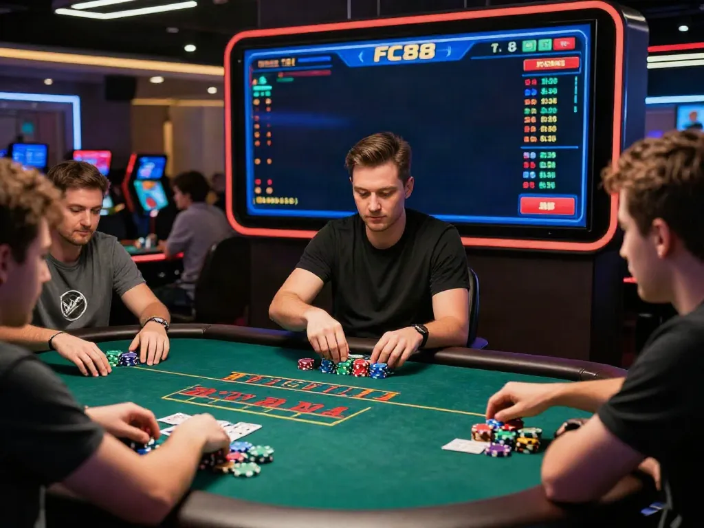 Players enjoying live casino games at FC88 with vibrant tables and dynamic atmosphere.