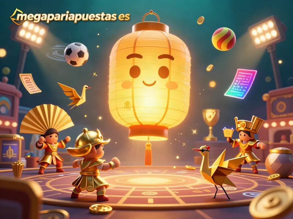 Apuesta emocionante en megapariapuestas es con símbolos de suerte dorados y elementos de casino.
