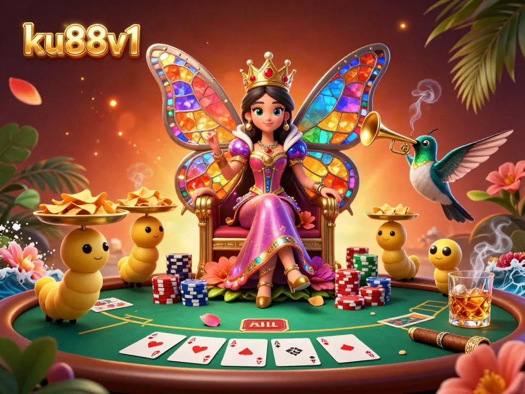 Engaging scene of the ku88v1 butterfly queen with poker elements, showcasing vibrant casino atmosphere.