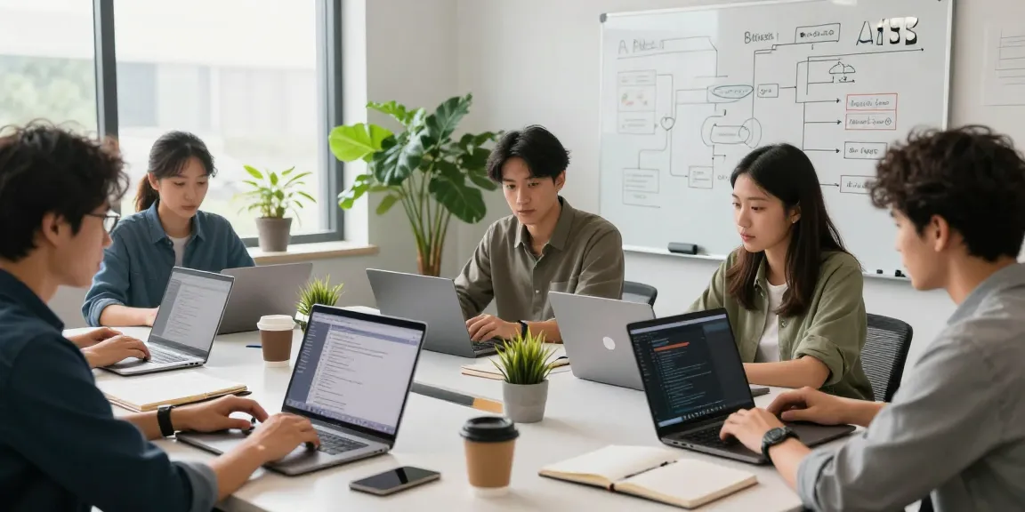 Developers collaboratively building internal tools with AI in a modern workspace.