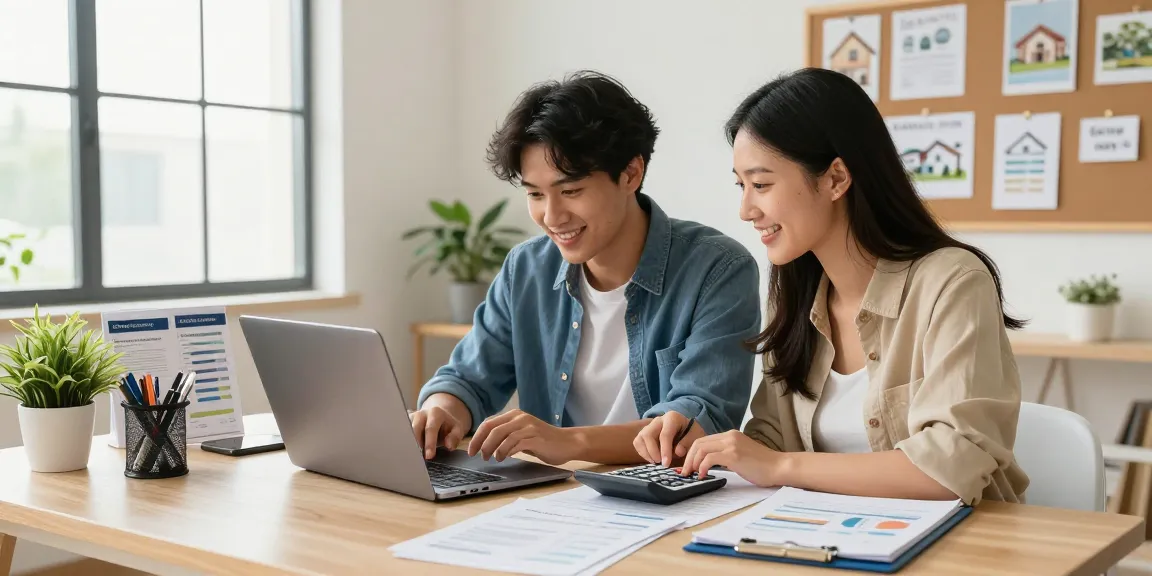 Young couple using a buscador hipotecas calculator in a modern home office, surrounded by mortgage documents.