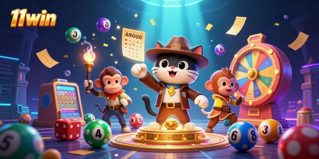 Engage with the thrilling world of 11win as a cartoon cat explores a temple filled with vibrant casino artifacts.