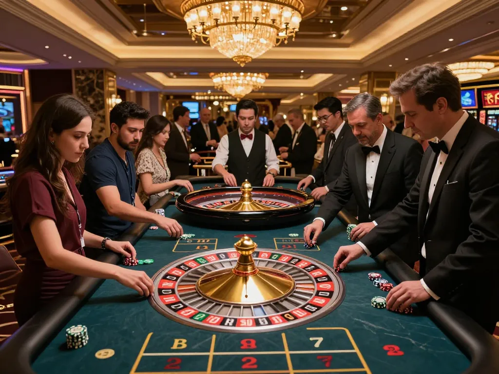 Players engaging in thrilling roulette gameplay at a casino, showcasing keonhacai betting excitement