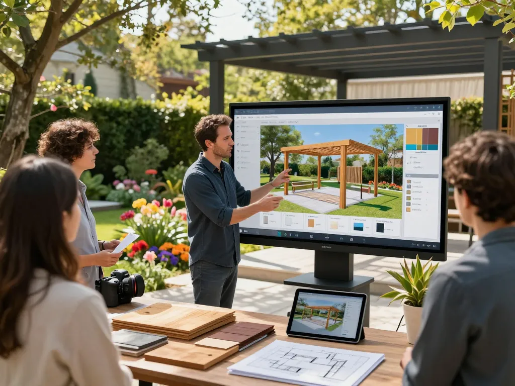 Demostración interactiva de un configurador de pérgolas en 3D, mostrando opciones personalizables en un vibrante entorno de jardín.