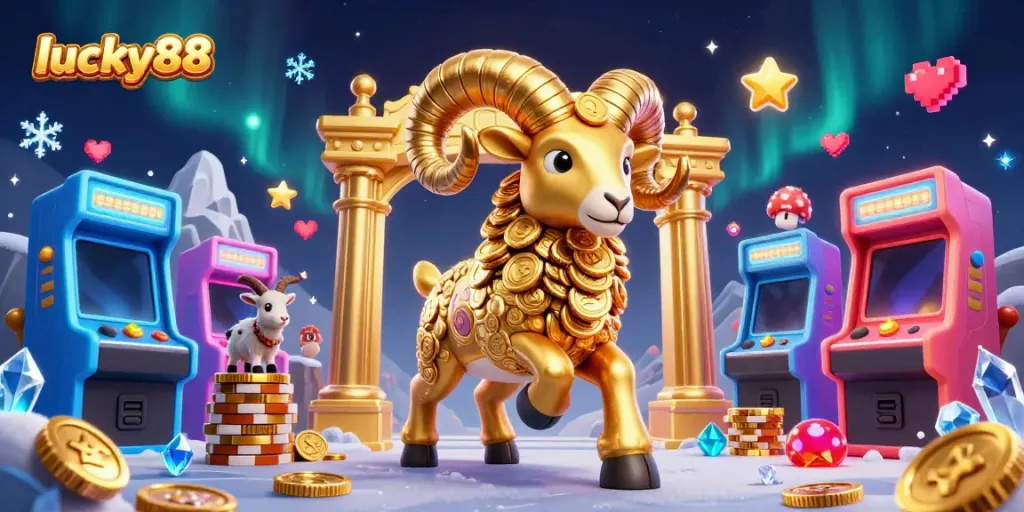 Engage with lucky88's vibrant casino world, featuring a golden ram and colorful arcade games.