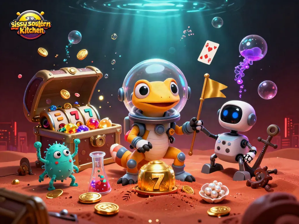 Experience the excitement of sissyssouthernkitchen with a Martian gecko exploring a golden casino.