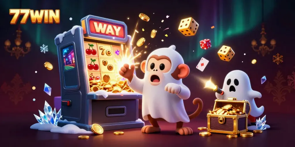 Experience the excitement of 77WIN with the mischievous monkey and ghost-hunter in a vibrant casino.