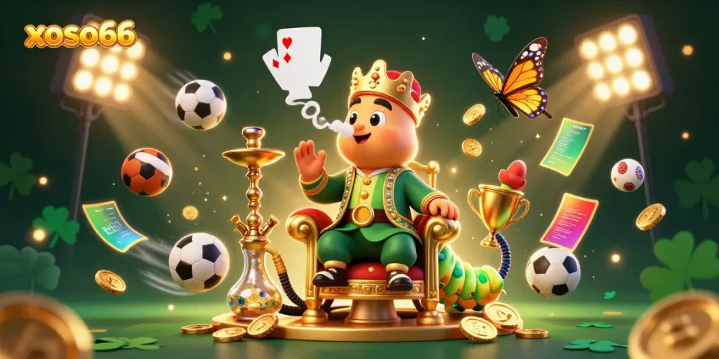 Feel the thrill with xoso66 as the caterpillar master entertains with poker hand smoke rings amidst vibrant gambling elements.