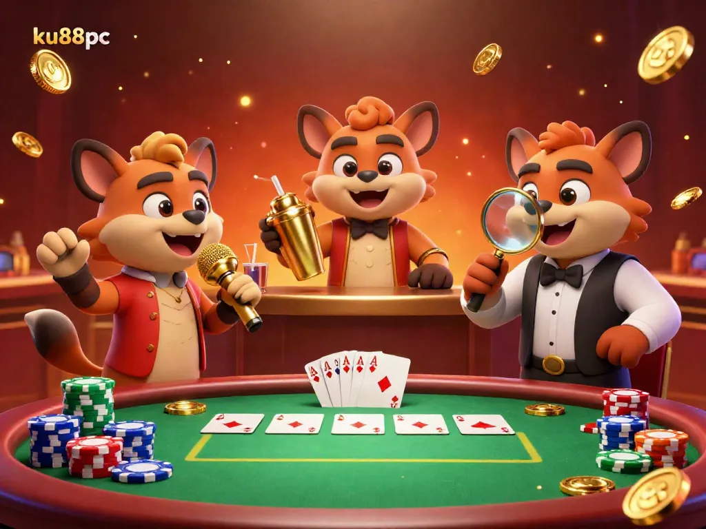 Hyenas entertaining in a vibrant casino scene featuring ku88pc with poker tables and colorful chips.
