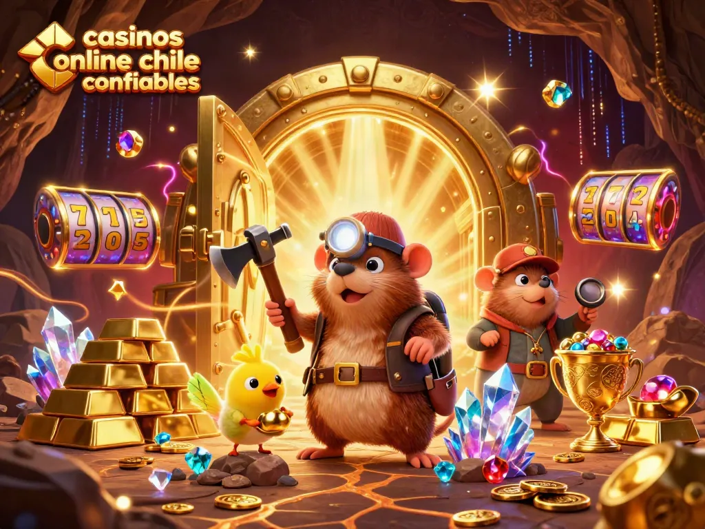 Representación de un cazador de tesoros y un canario en un entorno brillante de casinos online Chile confiables.