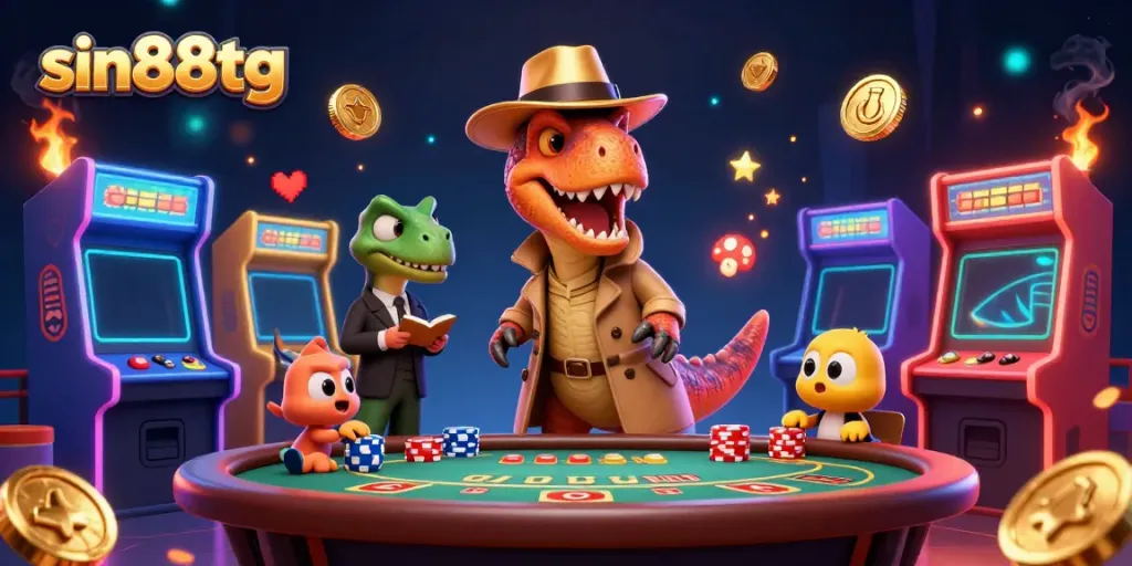 Experience the thrilling atmosphere of sin88tg with a velociraptor card counter and stegosaurus pit boss in a vibrant casino scene.