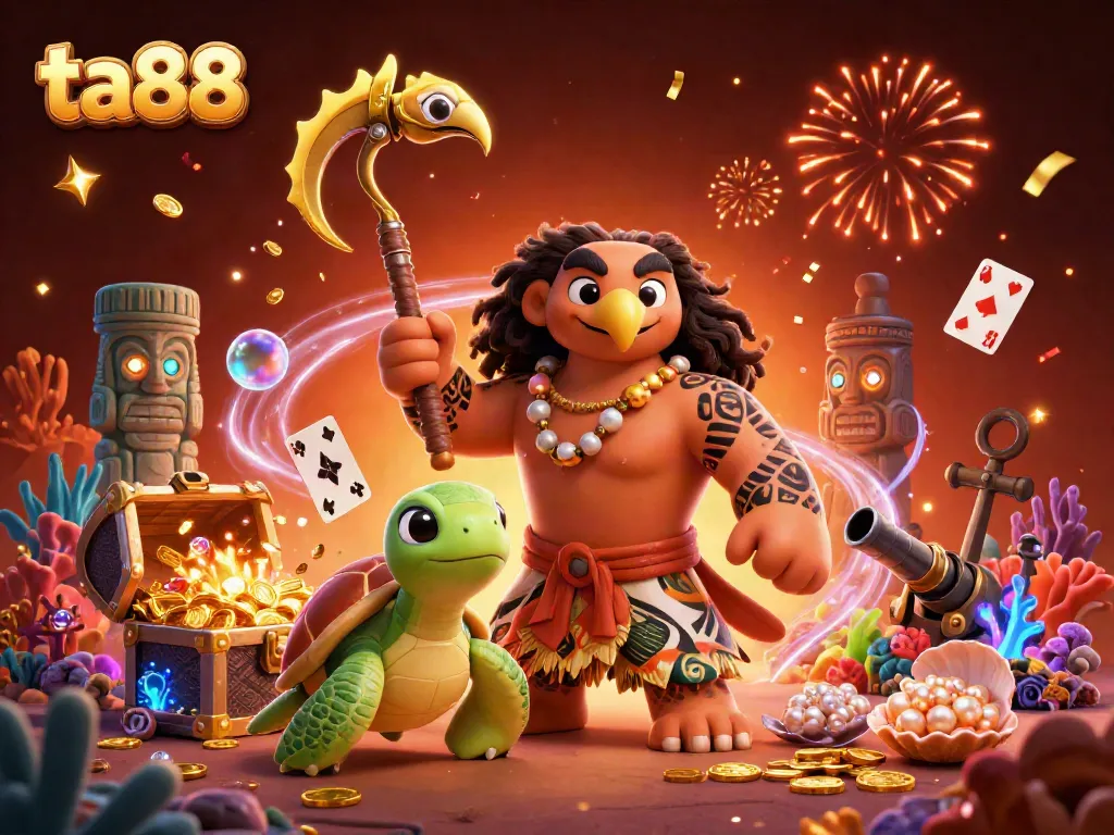 Experience ta88's thrilling gaming world with a cartoon hawk and turtle, surrounded by treasures.