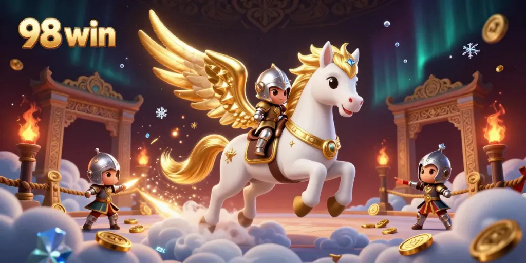 Experience the thrill of 98 win with dynamic scenes of a knight on a celestial horse surrounded by gold coins.